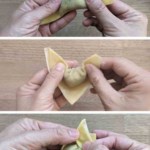 collage of three photos showing how to fold a wonton.