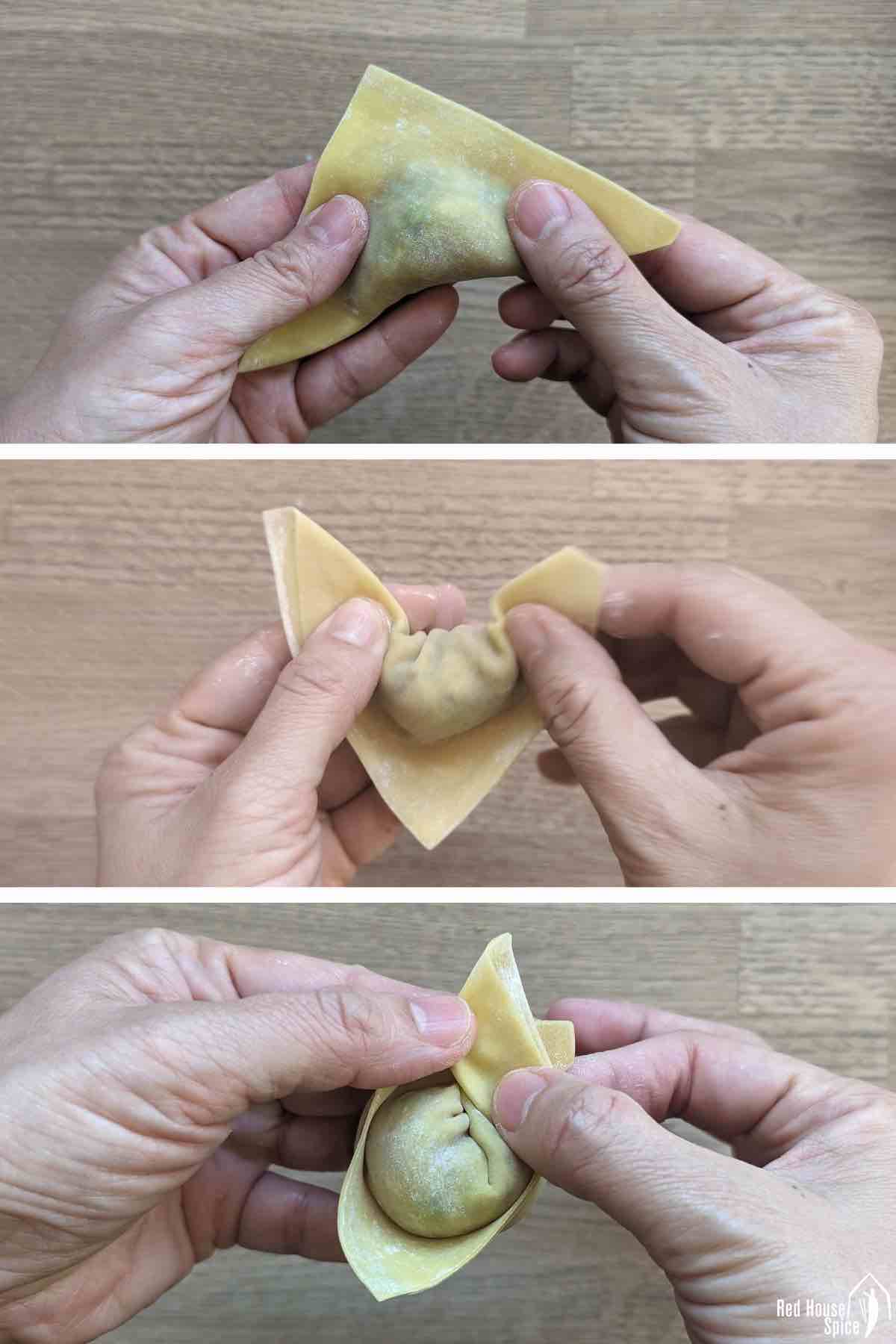 collage of three photos showing how to fold a wonton.