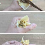 collage of three photos showing how to fold a wonton.