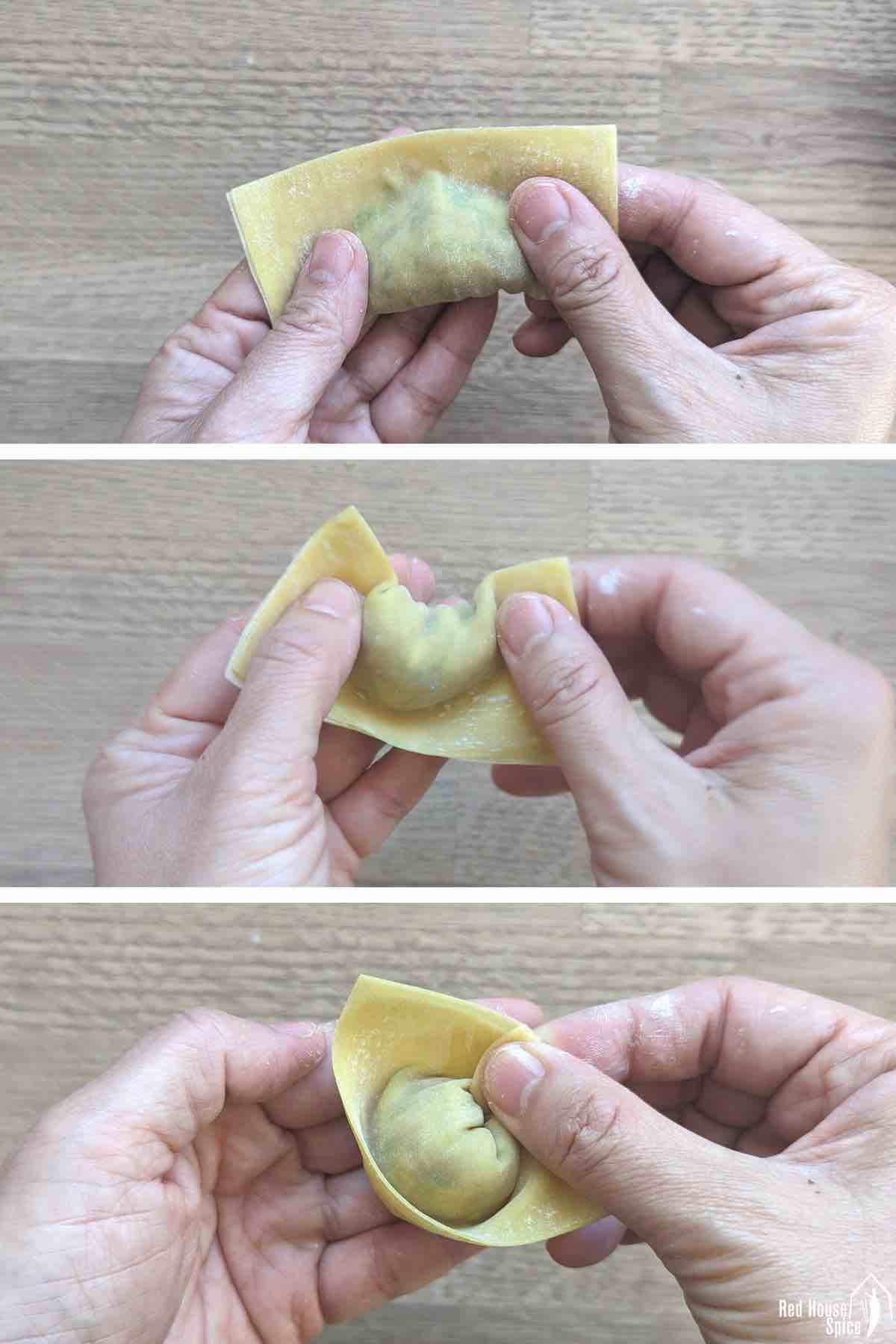 collage of three photos showing how to fold a wonton.
