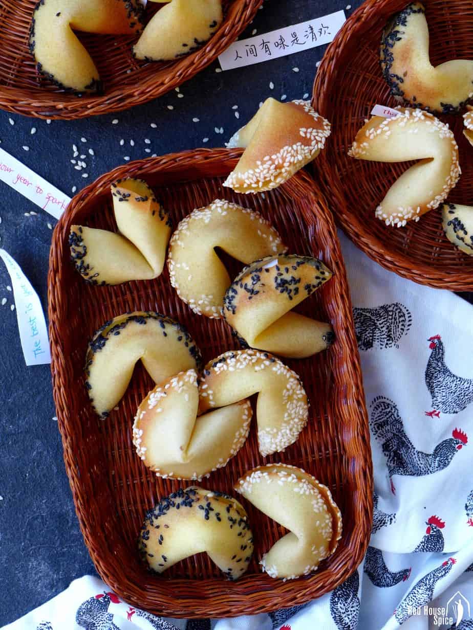 Homemade fortune cookies with sesame rims