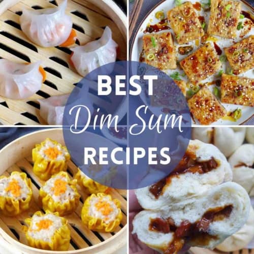 A collage of four dim sum dishes with overlay text that says best dim sum recipes.