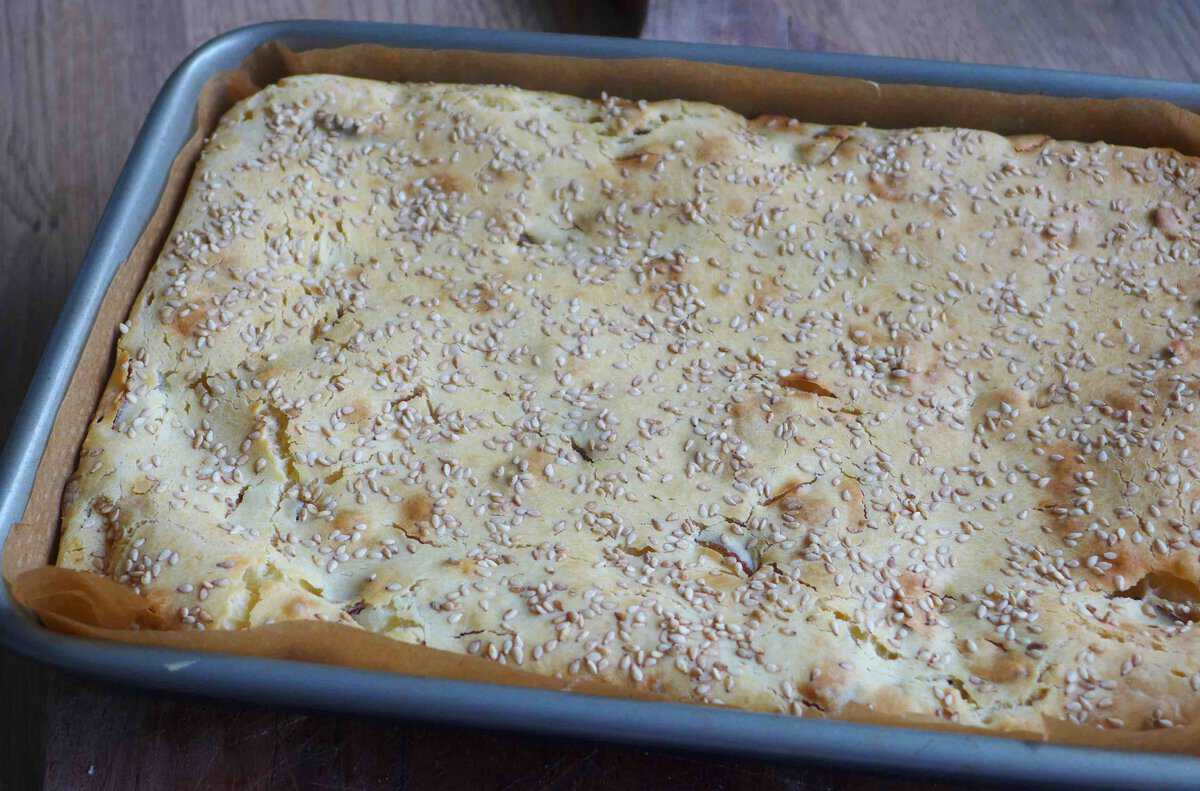 freshly baked rice cake in baking dish.