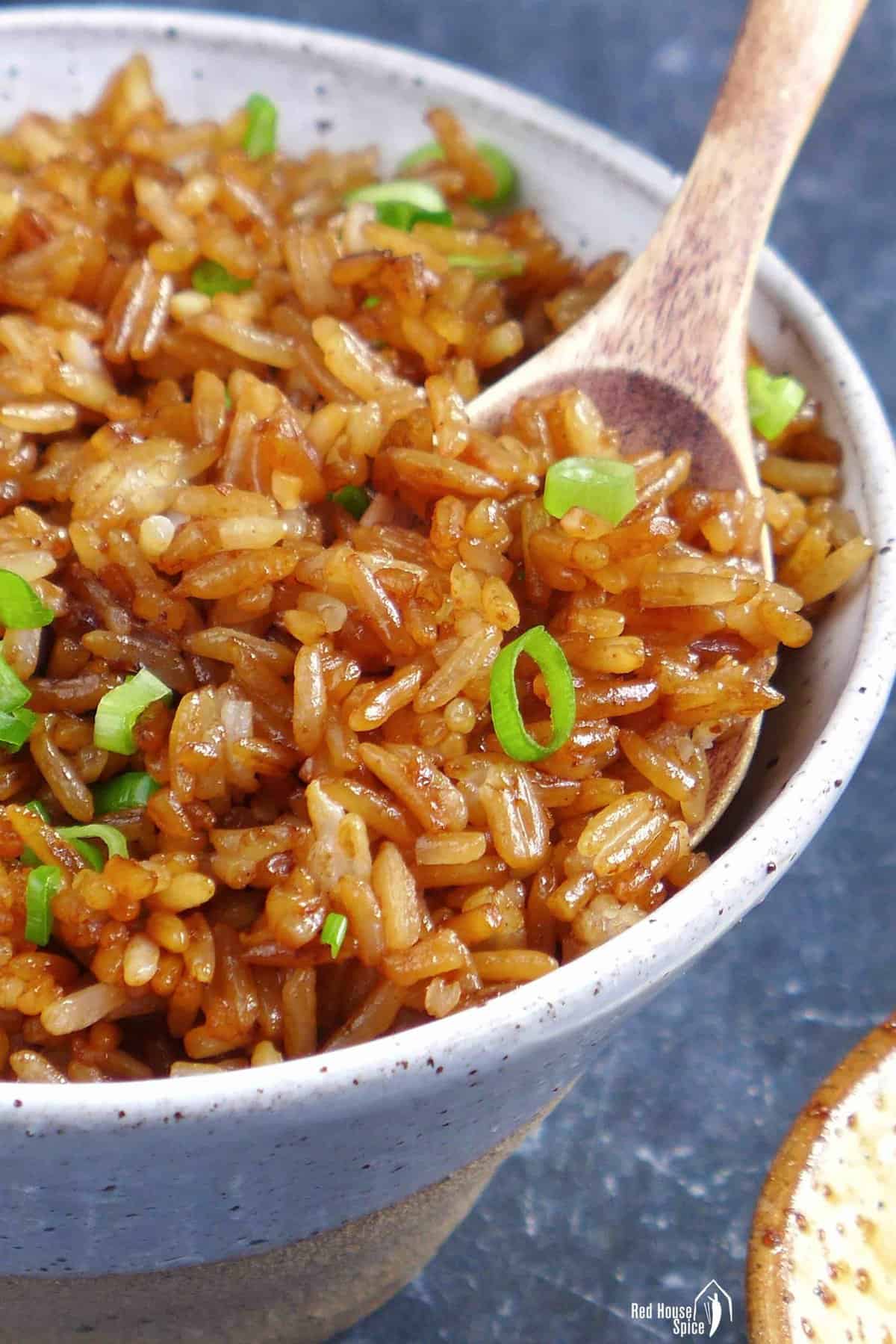 Chinese soy sauce fried rice with a spoon.