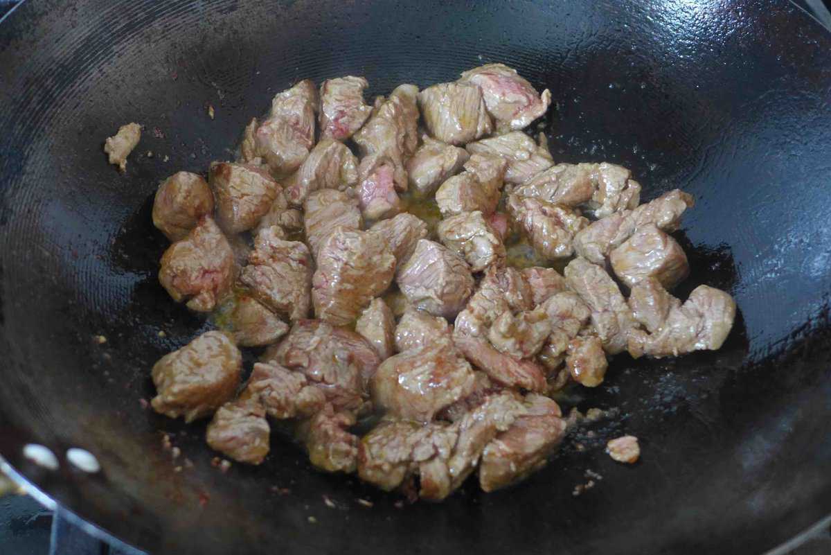 half-cooked beef cubes.