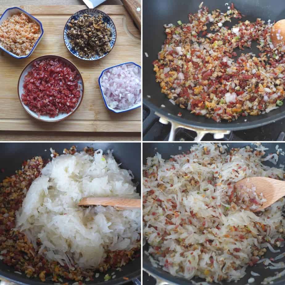 frying chopped sausage with shredded daikon