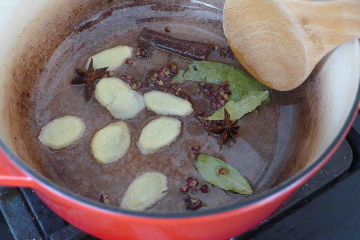 frying spices in oil.