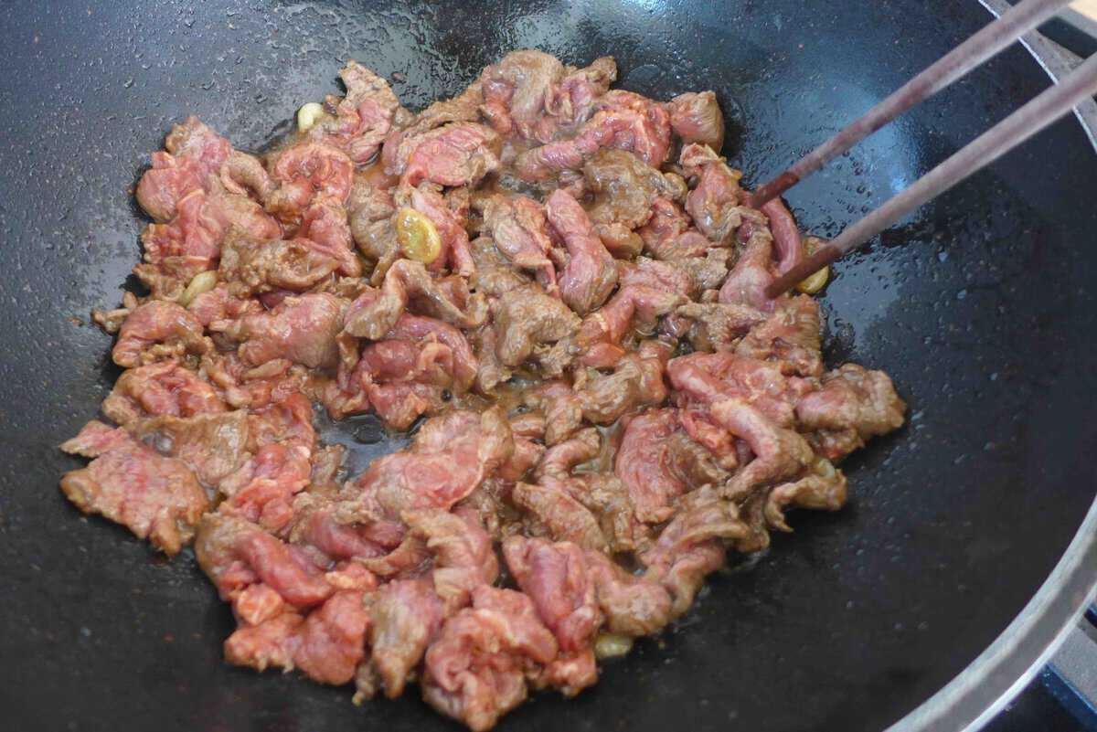 stir-frying beef.
