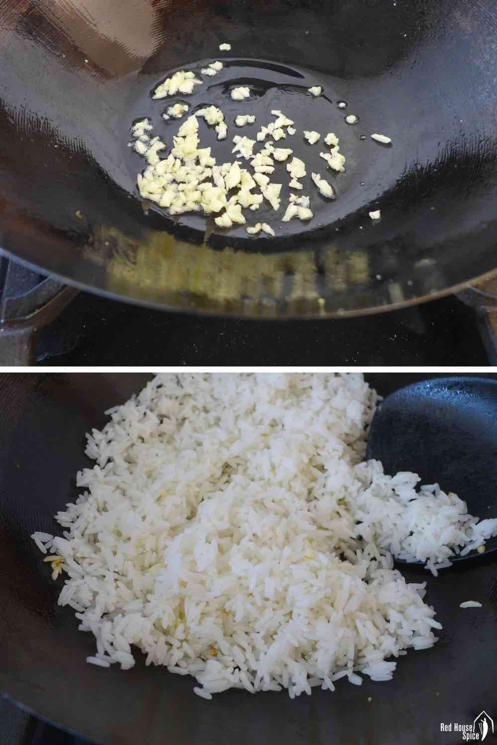 Frying garlic and rice in a wok.