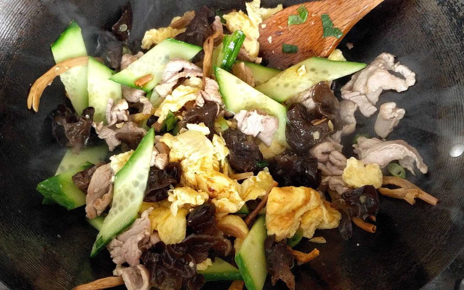 Cooking Moo Shu Pork in a wok