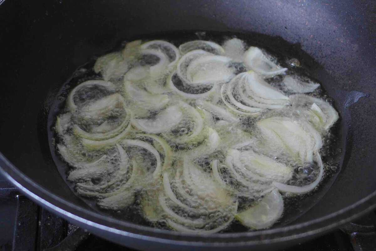 sizzling sliced onion.