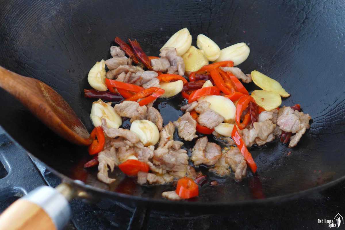frying pork and aromatics