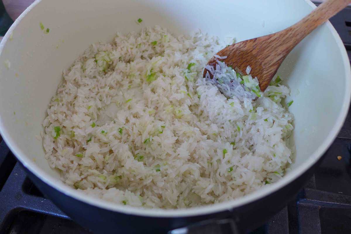 frying rice in a pot