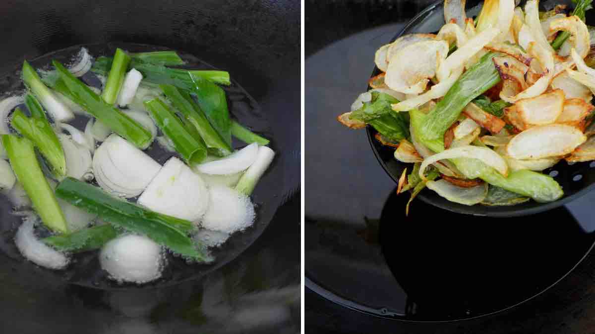 infusing oil with scallions and onion.
