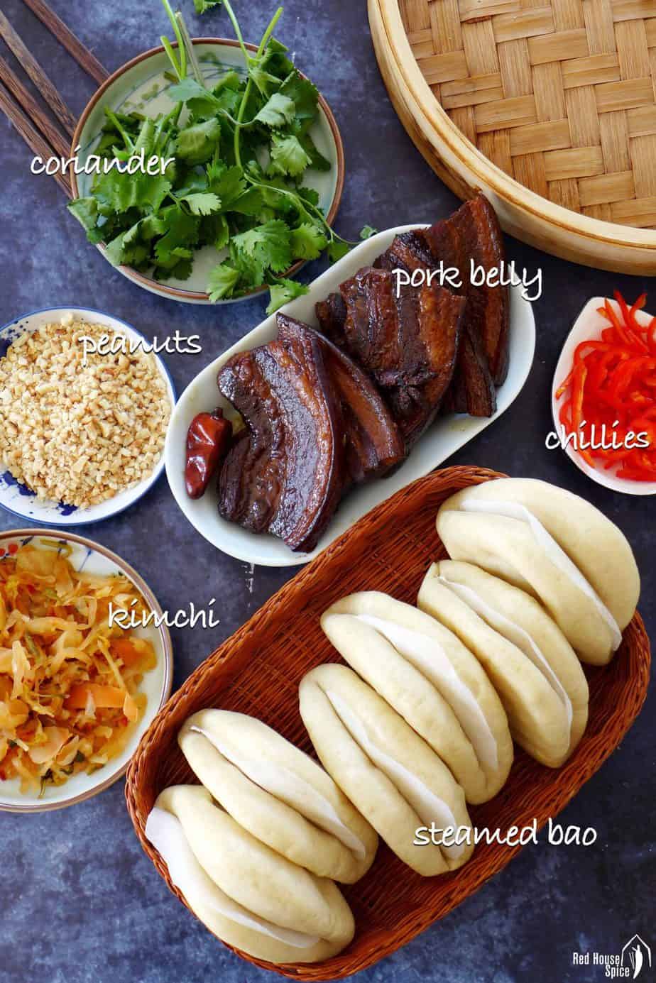 Ingredients for making pork belly buns.