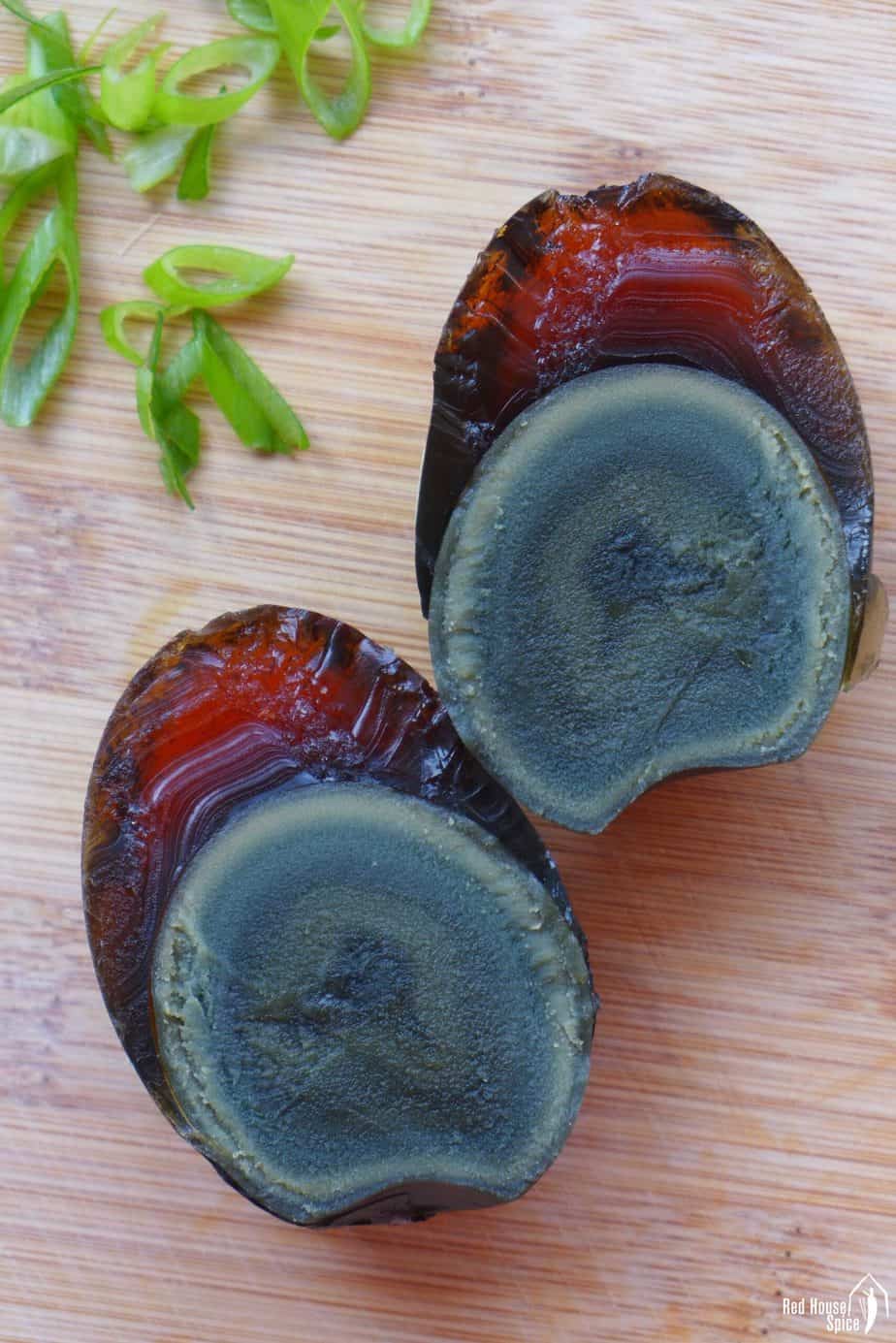 A halved century egg