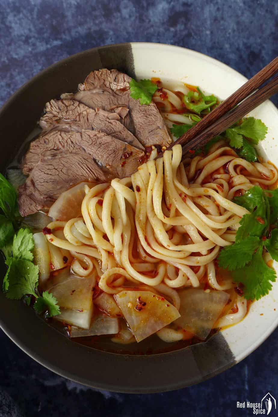 A bowl of homemade Lanzhou beef noodle soup