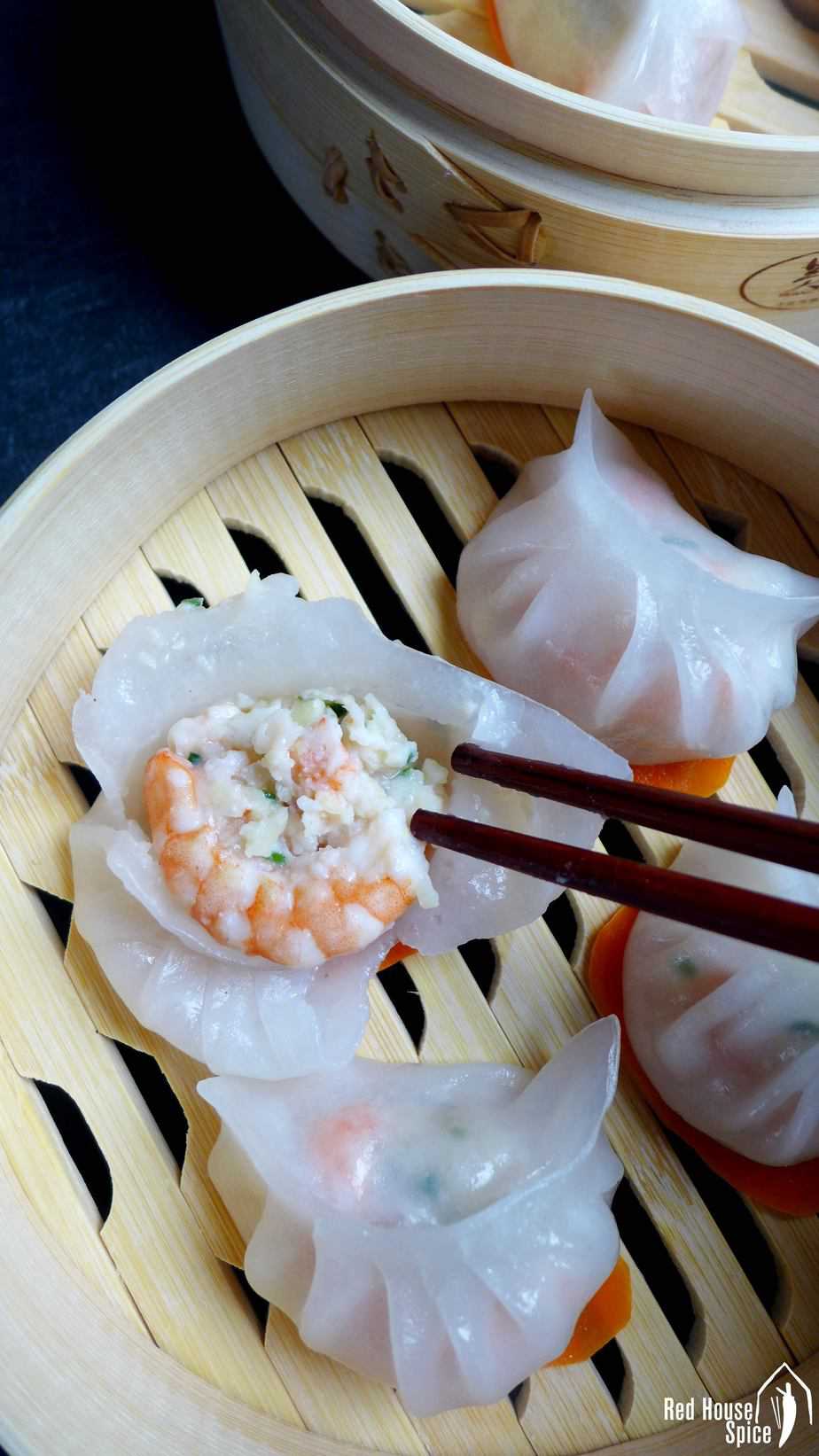 Har Gow, crystal shrimp dumplings in steamer baskets
