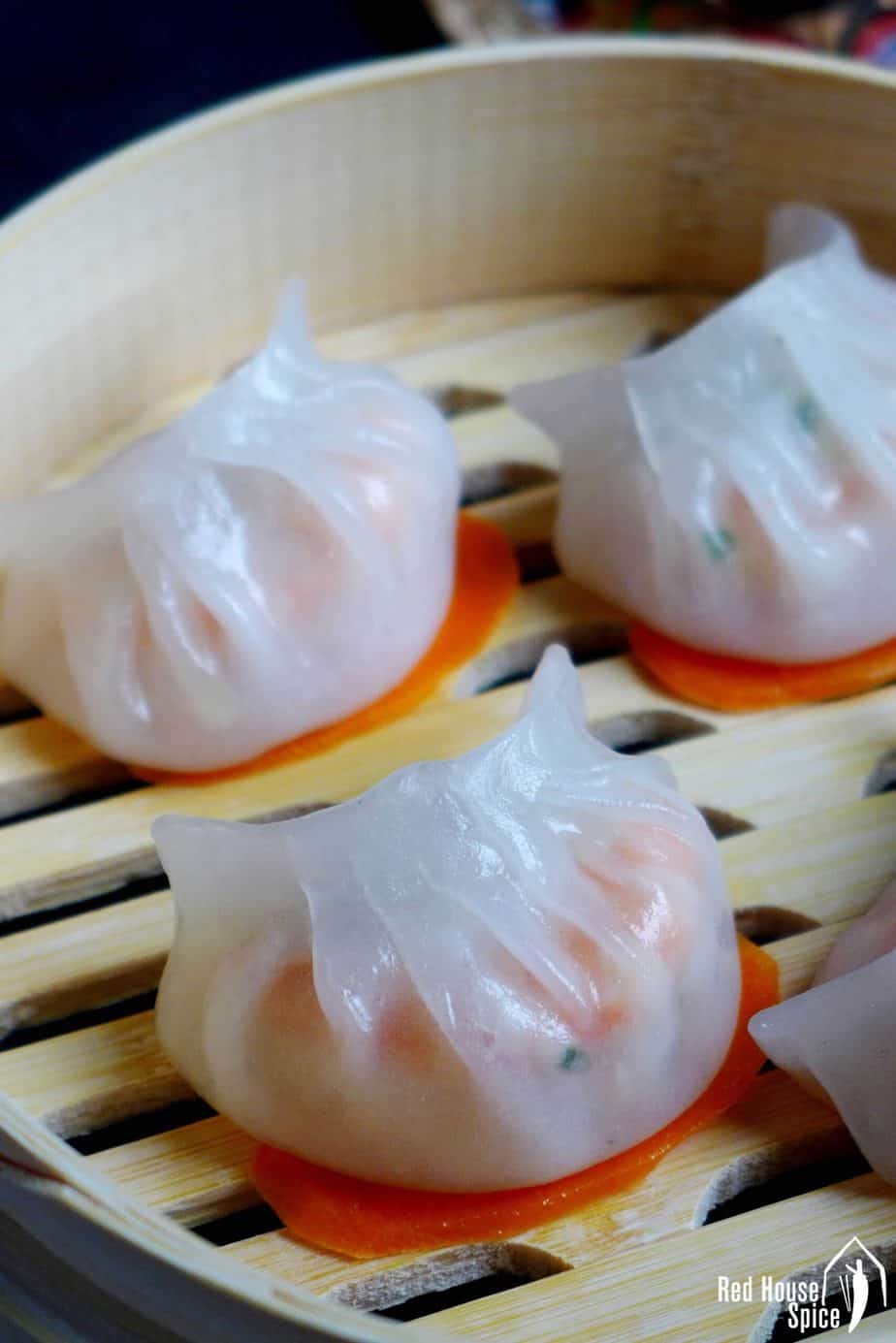 Har Gow dumplings in a steamer
