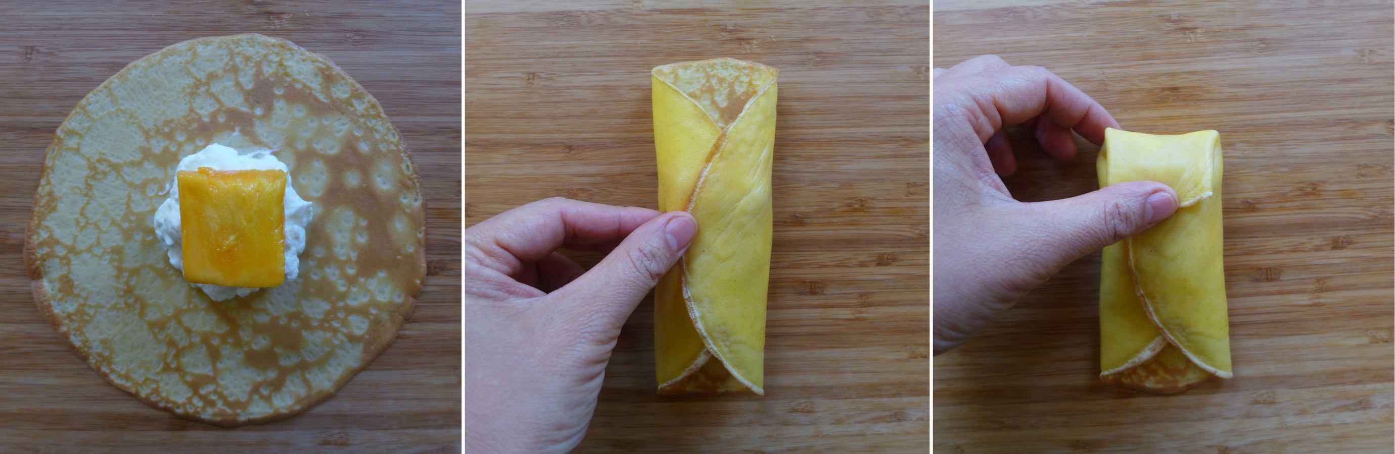 Fresh mango chunk topped with fluffy whipped cream, then wrapped with a thin, moist and elastic crepe, pillow-shaped mango pancake is a dessert to die for.