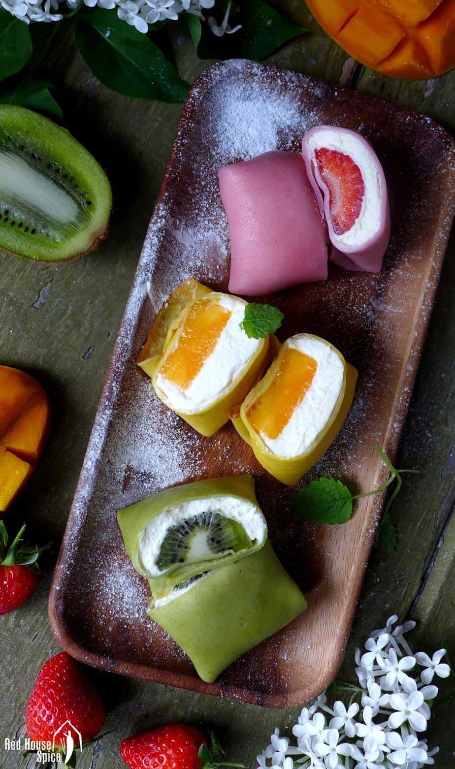 Fresh mango chunk topped with fluffy whipped cream, then wrapped with a thin, moist and elastic crepe, pillow-shaped mango pancake is a dessert to die for.