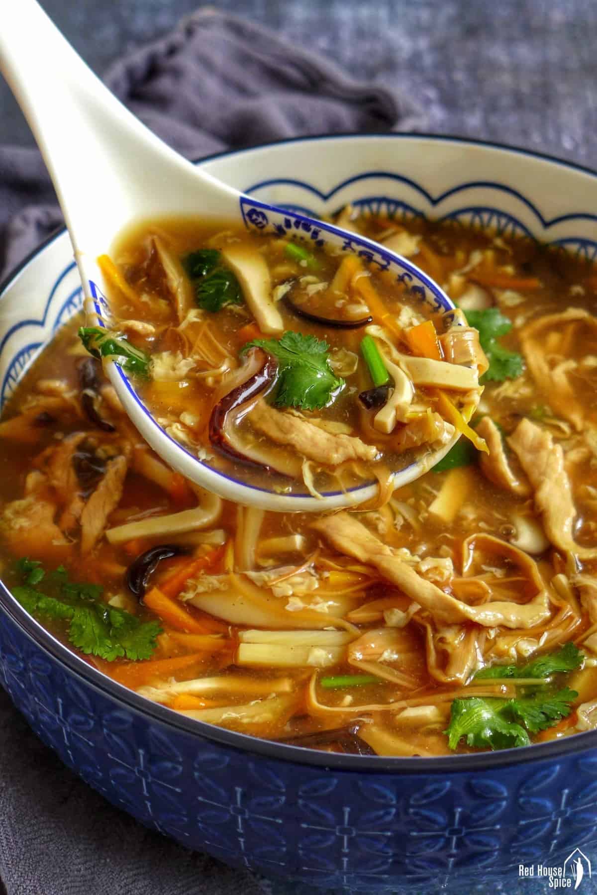 hot sour soup spooned out of a bowl