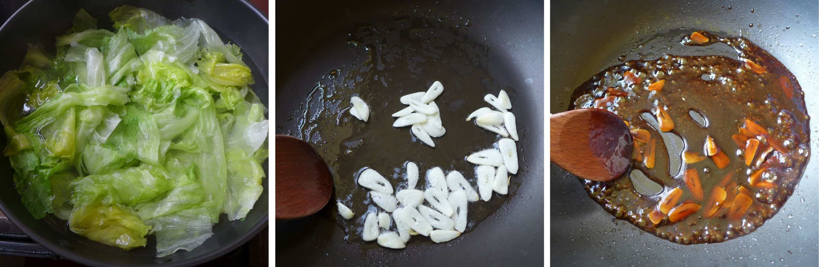 blanching iceberg lettuce and cooking garlic oyster sauce