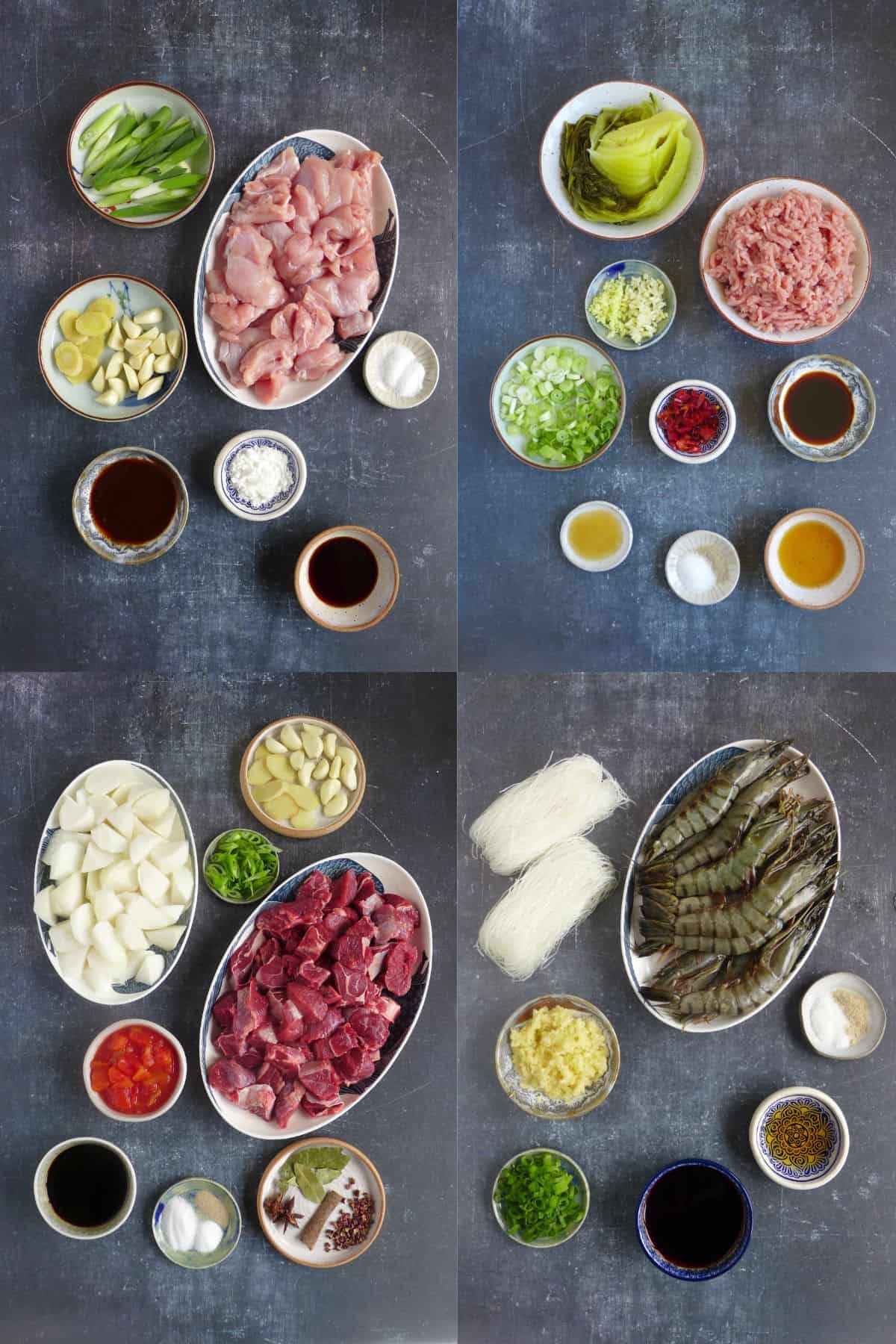 a collage of four images with raw ingredients.