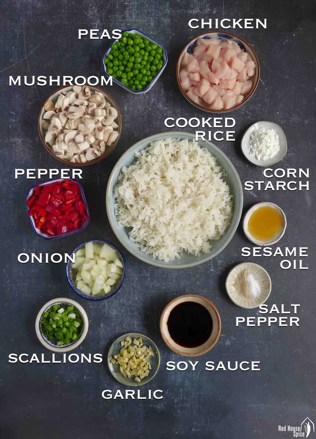 ingredients for making chicken fried rice.