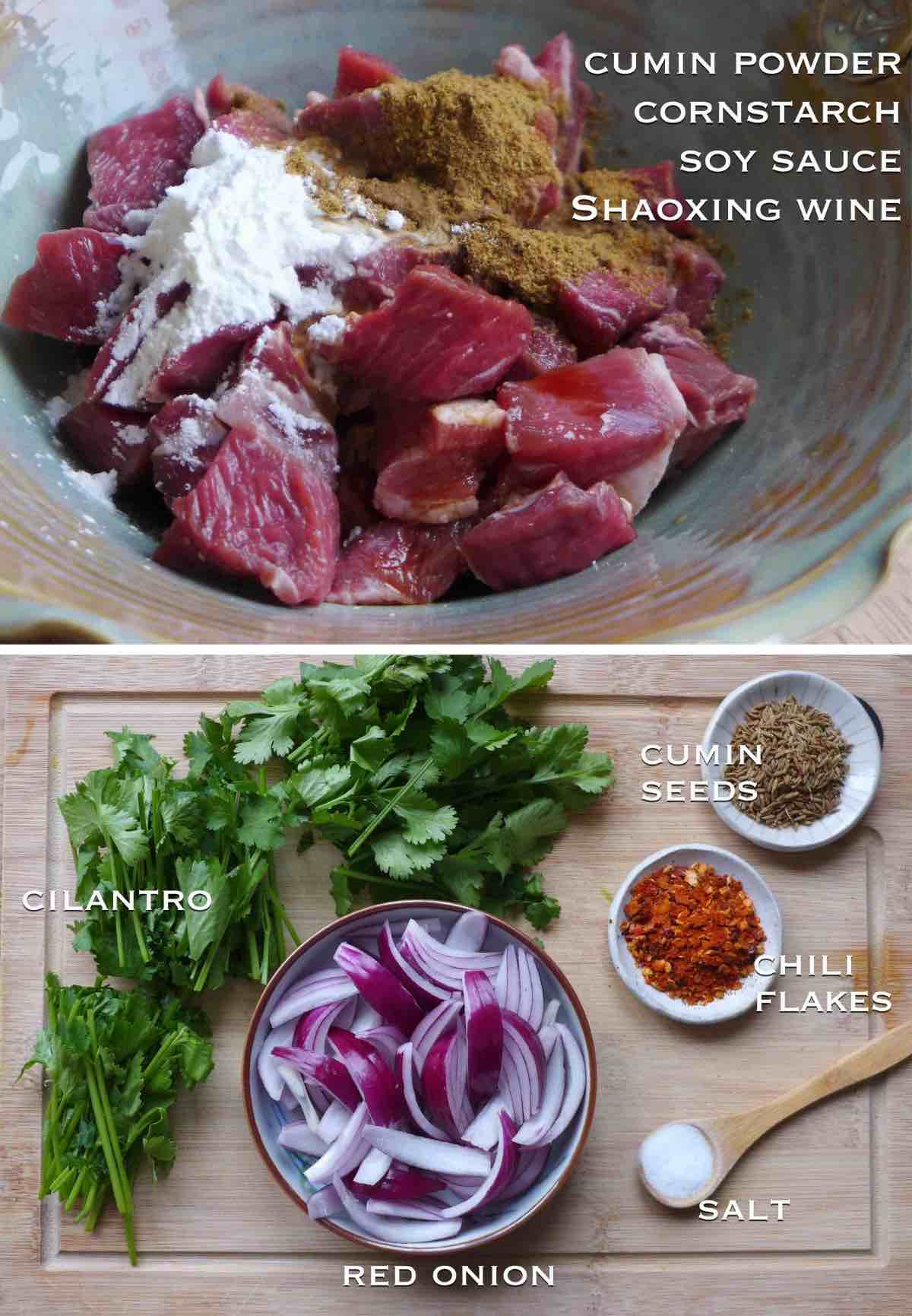 Ingredients for making cumin lamb stir-fry.