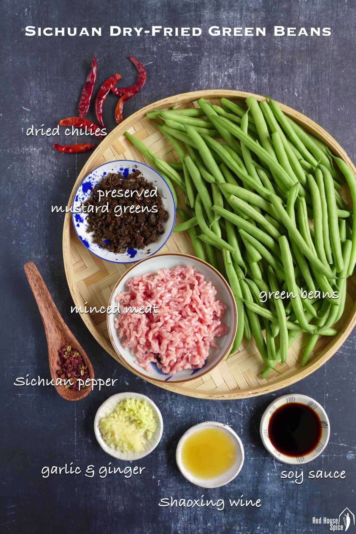 raw ingredients for cooking Sichuan dry fried green beans.