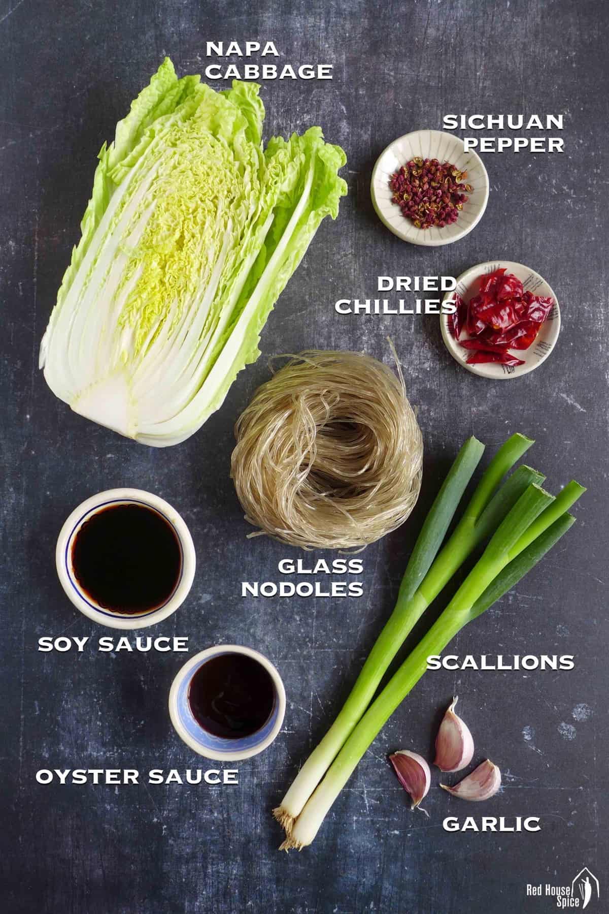 ingredients for making glass noodles with Napa cabbage