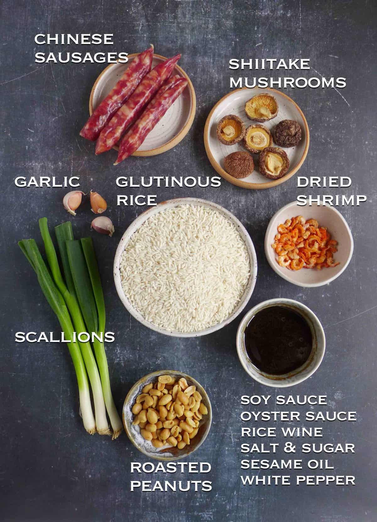 ingredients for making Chinese sticky rice (Lo Mai Fan)