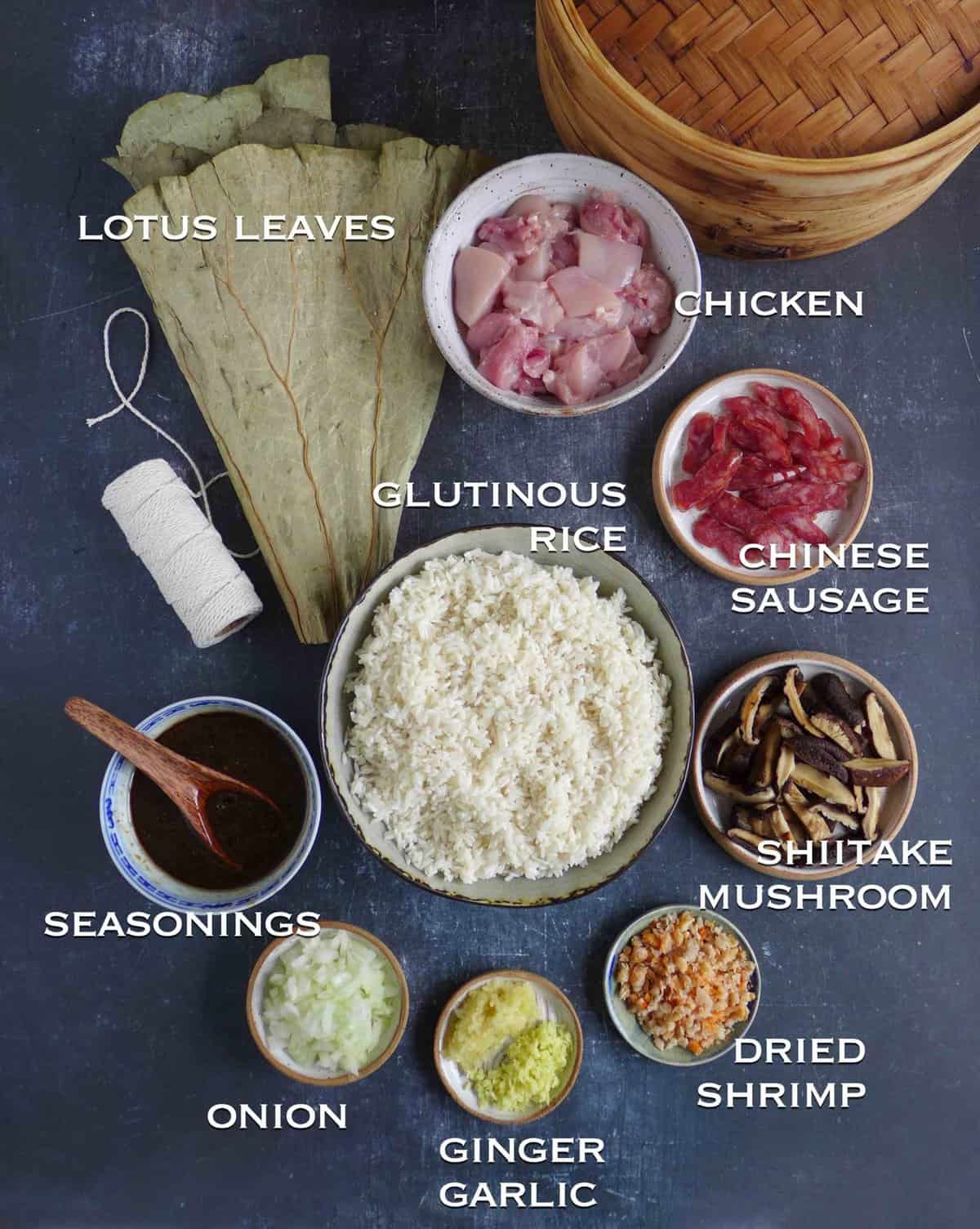 Ingredients for making Lo Mai Gai.