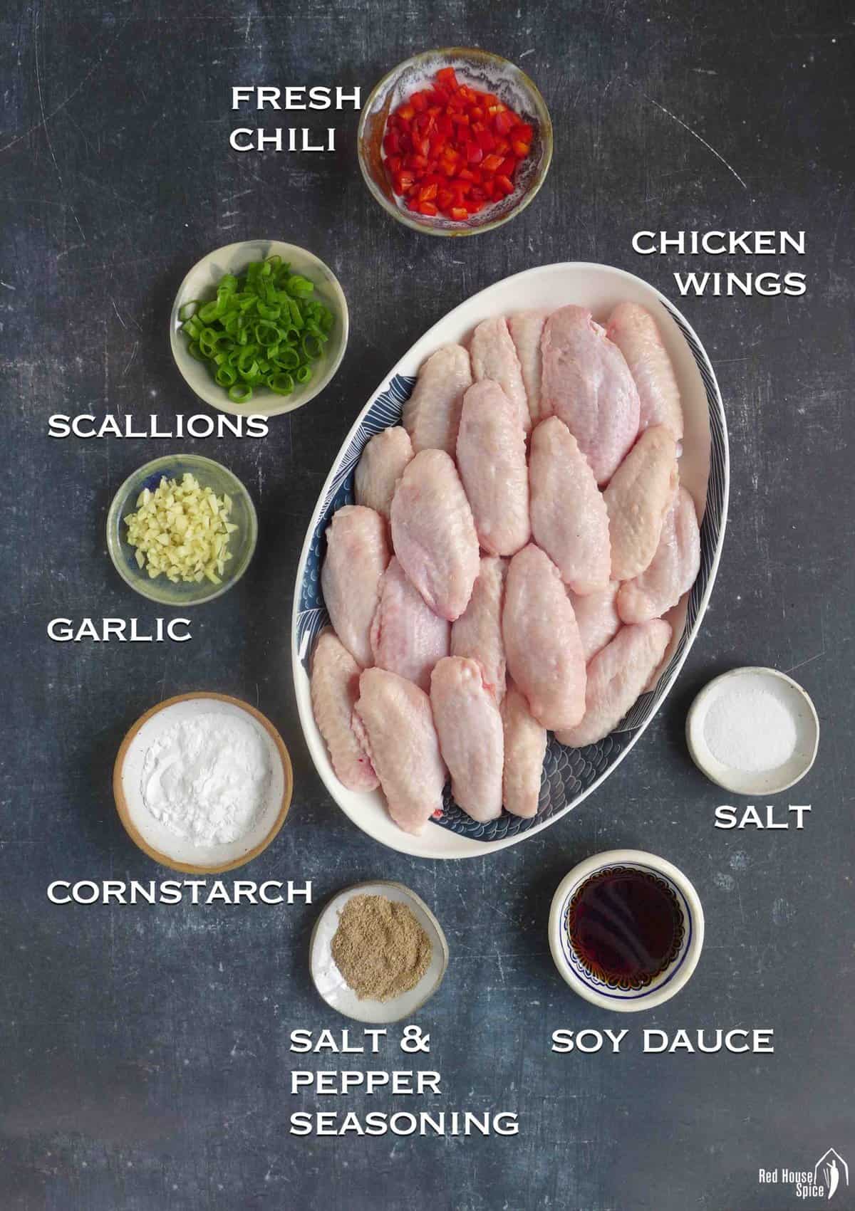ingredients for making salt and pepper chicken wings.