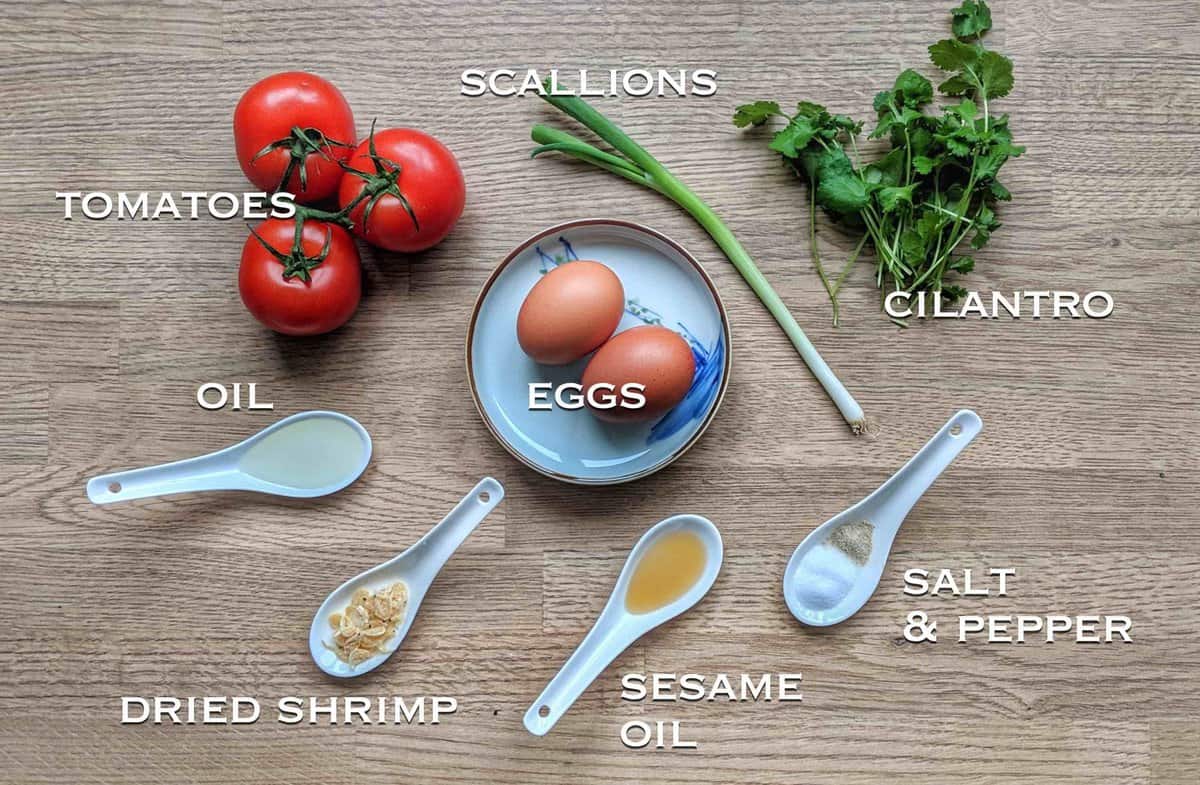 Ingredients for tomato egg drop soup.