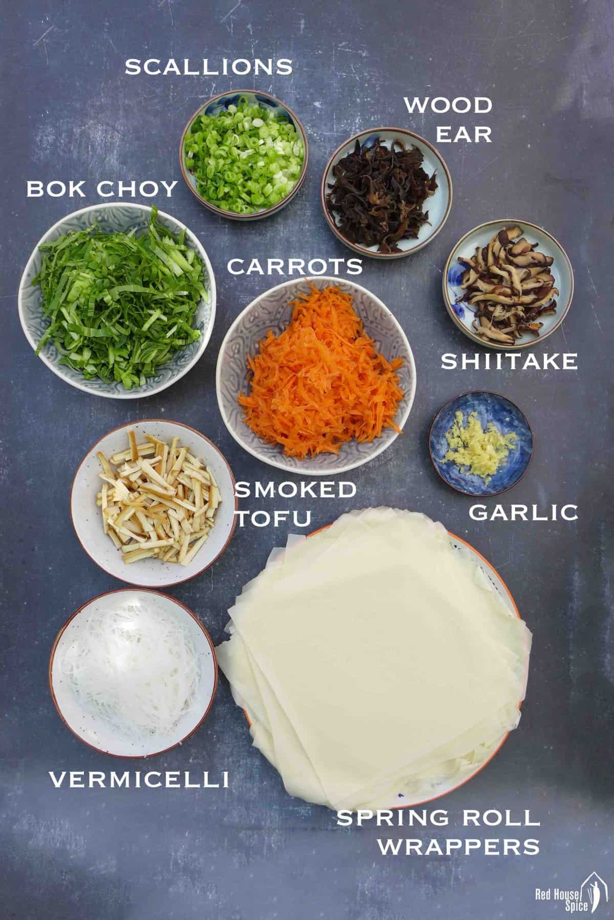 ingredients for making veggie and tofu spring rolls.