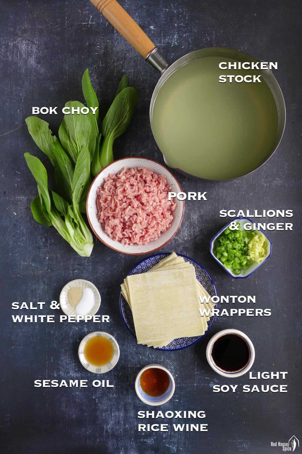 Ingredients for wonton soup including stock, bok choy, pork, scallions, wrappers and seasonings.