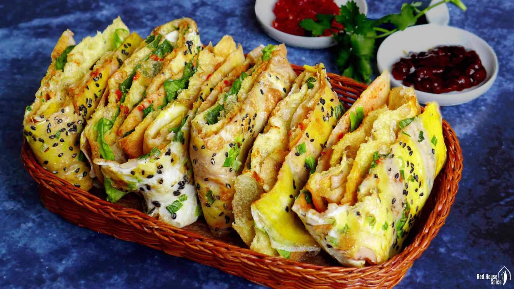 Chinese crepes cut in halves