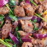 Stir-fried lamb cubes coated with spices.