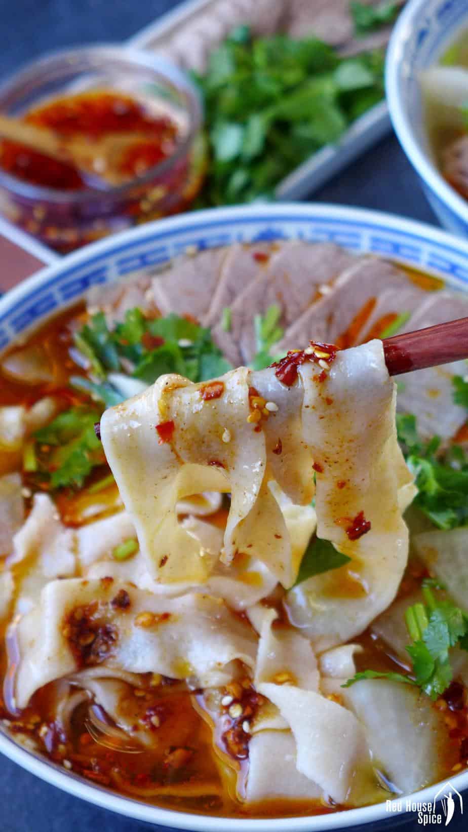 Hand pulled noodles in a beef broth.
