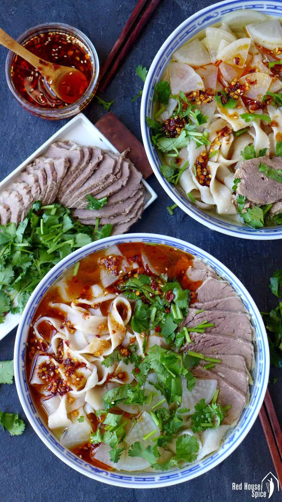Two bowls of Lanzhou beef noodle soup