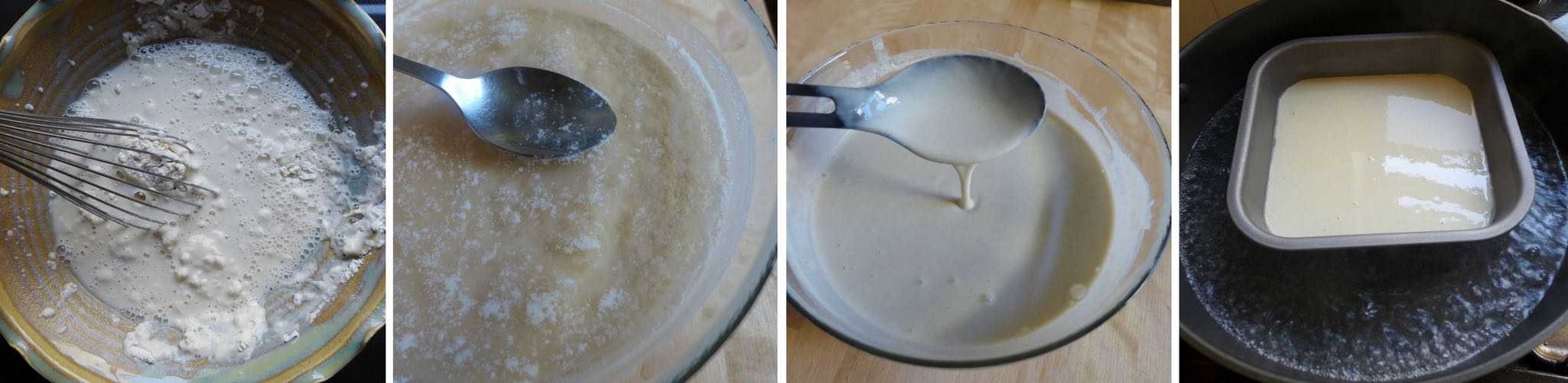 Step by step photos on how to prepare the batter for Liang Pi, cold skin noodles.