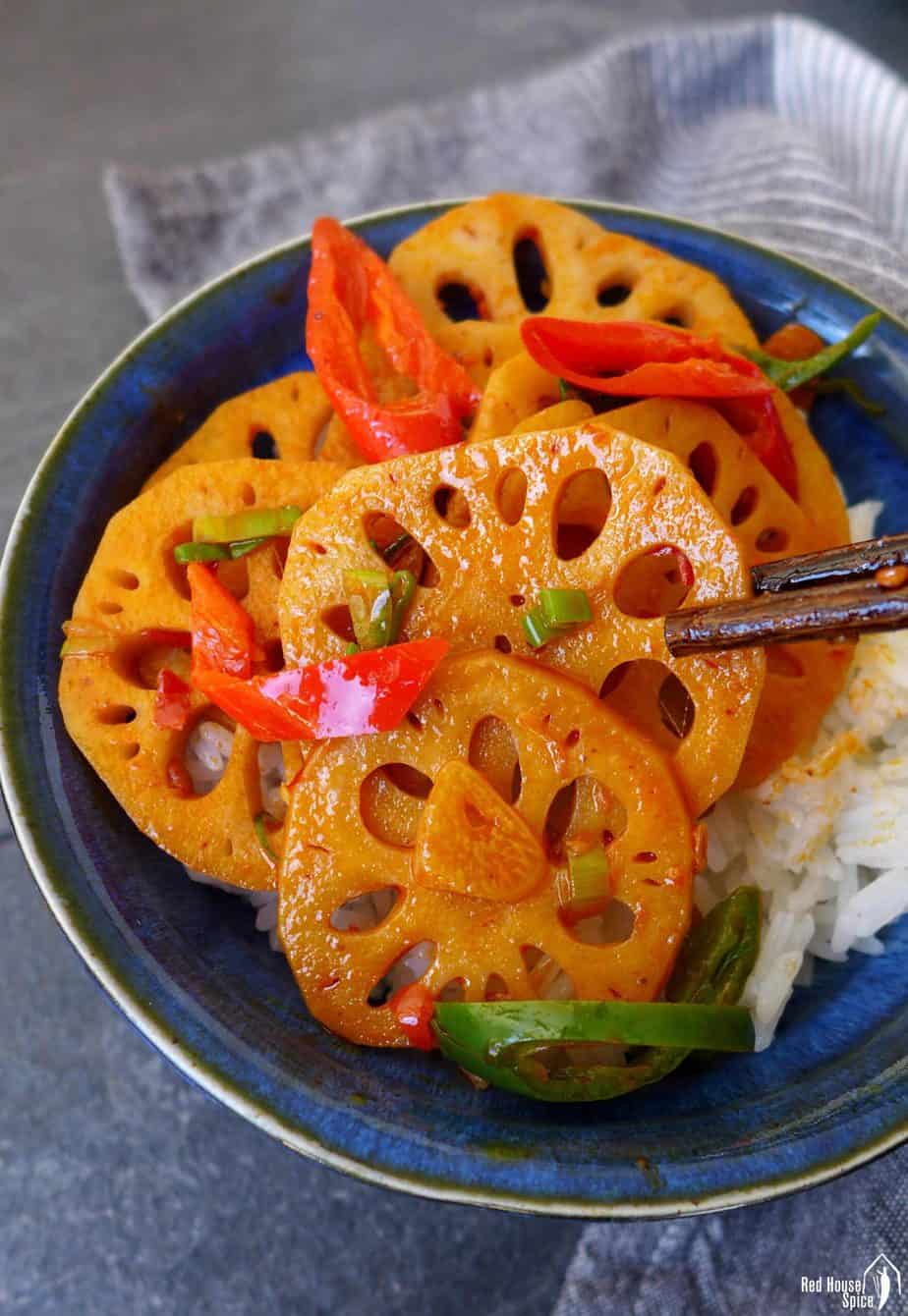 Lotus root stir-fry over rice