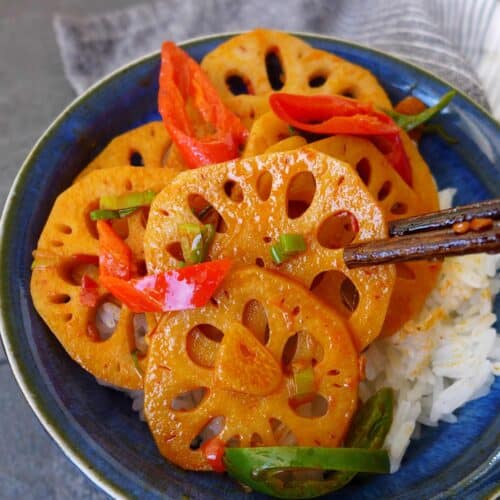 Lotus root stir-fry over rice