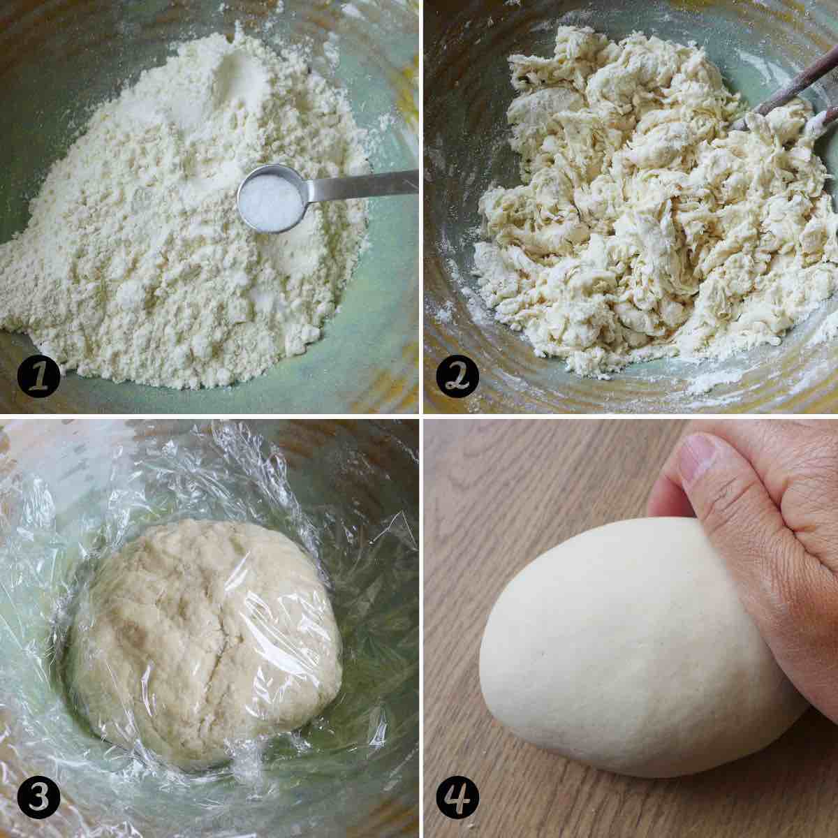 process photo collage of making a piece of dough.