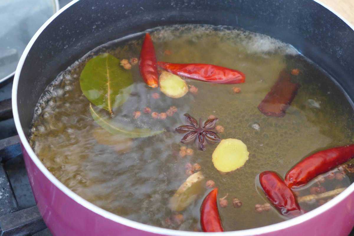 simmering spices in water.