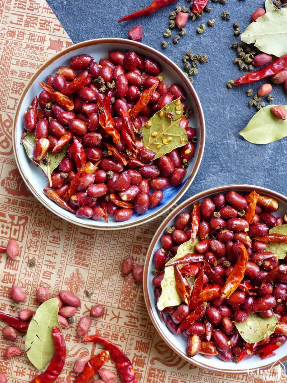 Two plates of Sichuan spicy peanuts