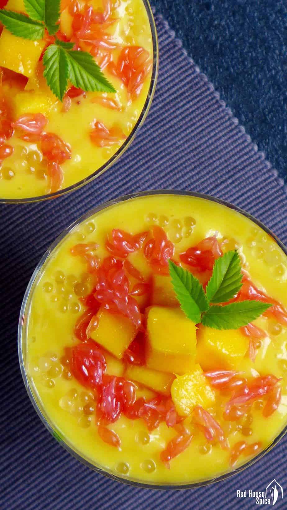 Mango sago dessert topped with grapefruit