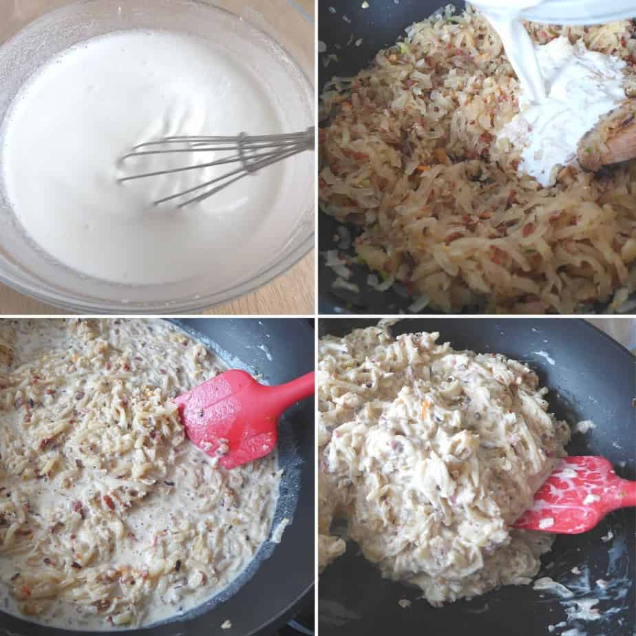 adding rice flour slurry to shredded daikon radish
